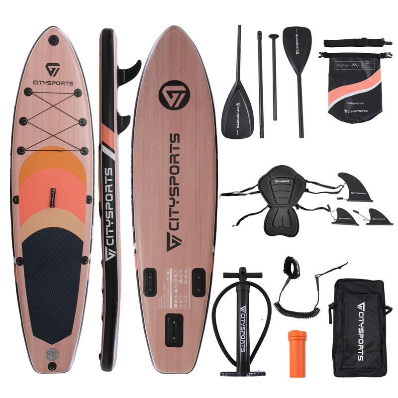 CITYSPORTS Stand Up Paddle Board Premium Aufblasbares SUP Board Mit Allem Zubehör, EVA-Matte, Kamerahalterung Paddleboard für Aller Fähigkeitsniveaus (Holzmaserung)
