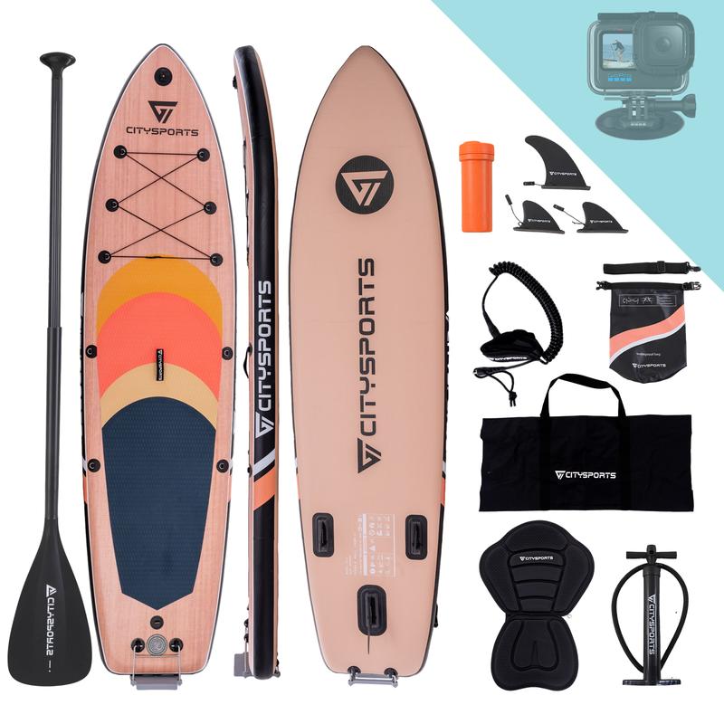 CITYSPORTS SUP-Board 350cm – Aufblasbar, mit Kamerahalterung & Motorhalterung, EVA-Deck, inkl. Kayak-Sitz, Doppelpaddel, Handpumpe, Rucksack, wasserabweisend, 220kg belastbar