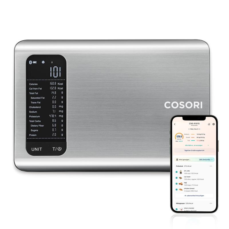 Cosori Küchenwaage digital mit Nährwertberechnung, Ernährungswaage App verfolgt 19 Nährstoffe, Kaloriendatenanalyse, 5kg Edelstahl-Lebensmittelwaage, geeignet für Gewichtsverlust, Datenbank nur für DE, R101S