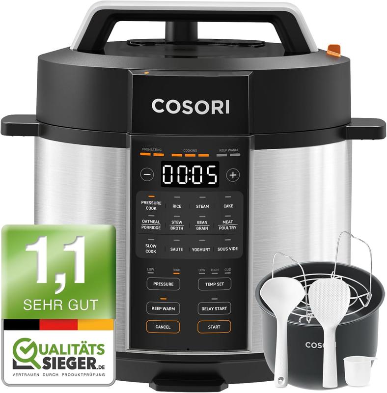 COSORI Schnellkochtopf 5,7 L Edelstahl – 9-in-1 Multikocher | 14 Funktionen: Reiskocher, Dampfgarer, Joghurtbereiter u.v.m. | Ideal für 3–5 Personen, inkl. Rezeptbuch