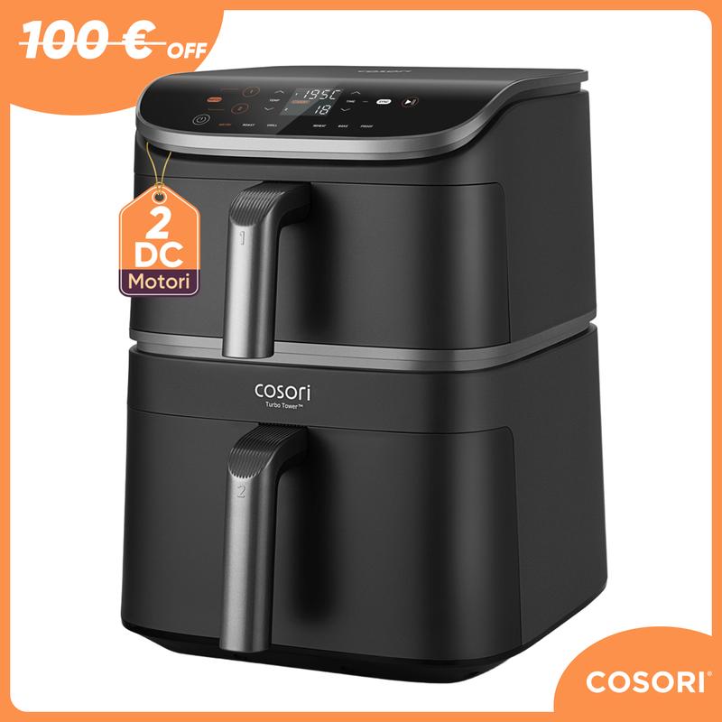 COSORI Turbo Tower Airfryer, 10,8 L Heißluftfritteuse 2 Kammern übereinander, Neue Generation Technologie, Turbo-Luftstrom für knusprige Ergebnisse, inkl. Rezeptheft & Grillrost, DC111