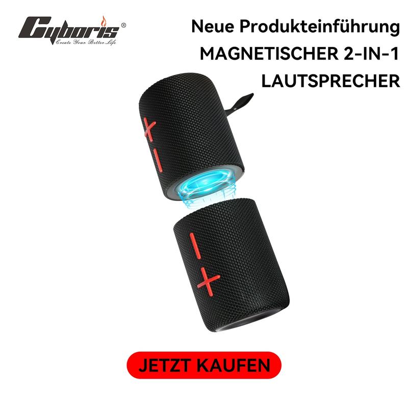 Cyboris S11 2-in-1 Bluetooth-Lautsprecher, wasserdicht, magnetisch, 24 Stunden Akkulaufzeit, Verbindungsumfang von 18 Metern, tragbar + Lautsprecher + Stereo + Duschlautsprecher, mobil für die Bühne, Lautsprecher, 20 Watt Leistung, Telefon und Laptop