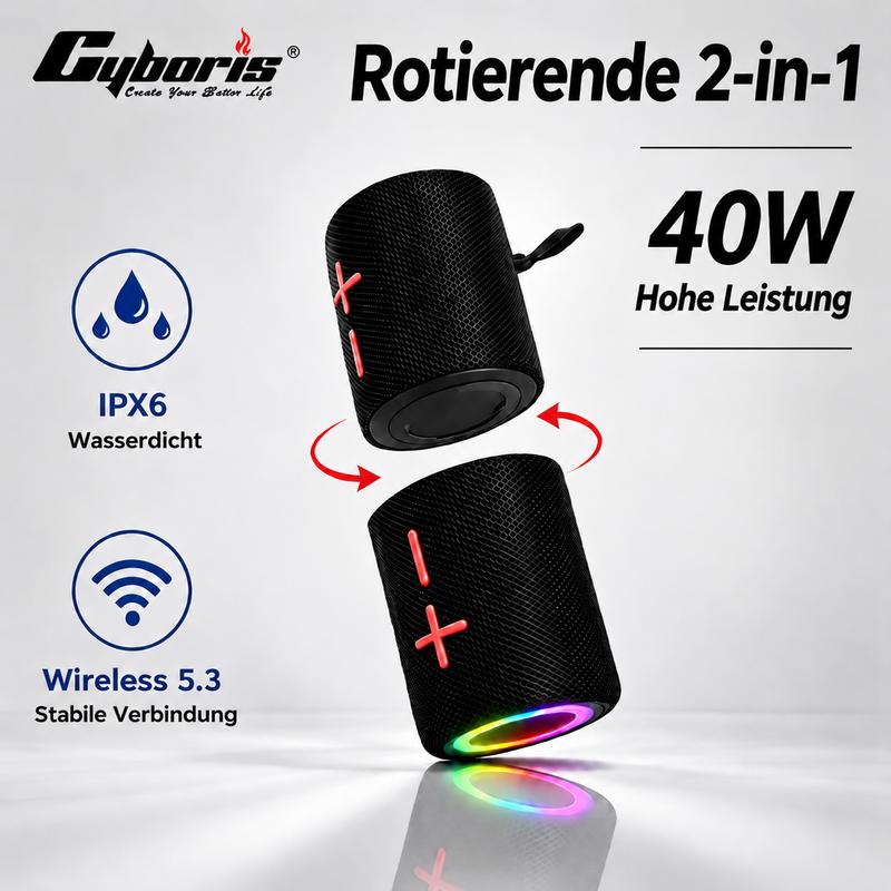 CYBORIS S11 PLUS Twist 2-in-1 Bluetooth-Lautsprecher, 40 W, hohe Lautstärke, Stereo-Audio, IPX6 wasserdicht,24 Stunden Wiedergabezeit, V5.3-kompatibel mit Smartphones, teilbarer Lautsprecher (20 W + 20 W Dual-System), SummerVibes – Boombox,subwoofer bass