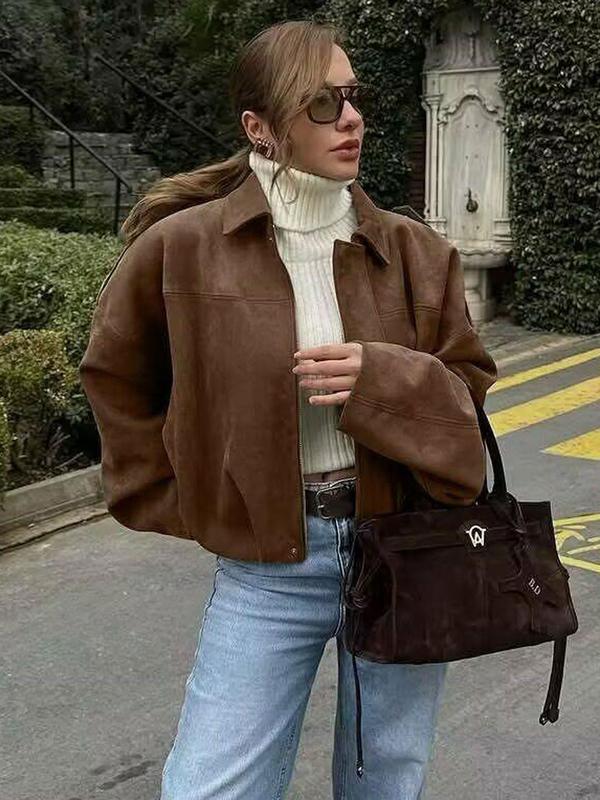 Damen-Fliegerjacke, Neu eingetroffen: Mäntel und Jacken, Damen-Jacke mit Reißverschluss, Frühlingsjacke für Damen, Wildlederjacke, Oversize-Pilotenjacke, verkürzter Schnitt, Damenjacke mit Falten im Streetwear-Stil
