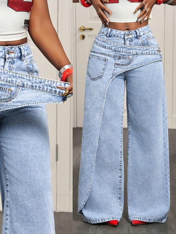 Damen-Jeanslange Hose, lässig, elegantes schlichtes Muster, locker geschnitten, für alle Jahreszeiten, trendiges asymmetrisches Design
