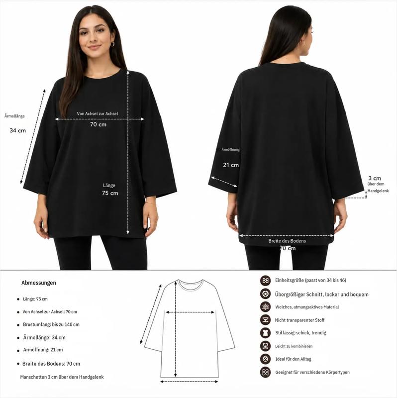 Damen Oversize-T-Shirt 100 % Komfort – langes, fließendes Top, Einheitsgröße