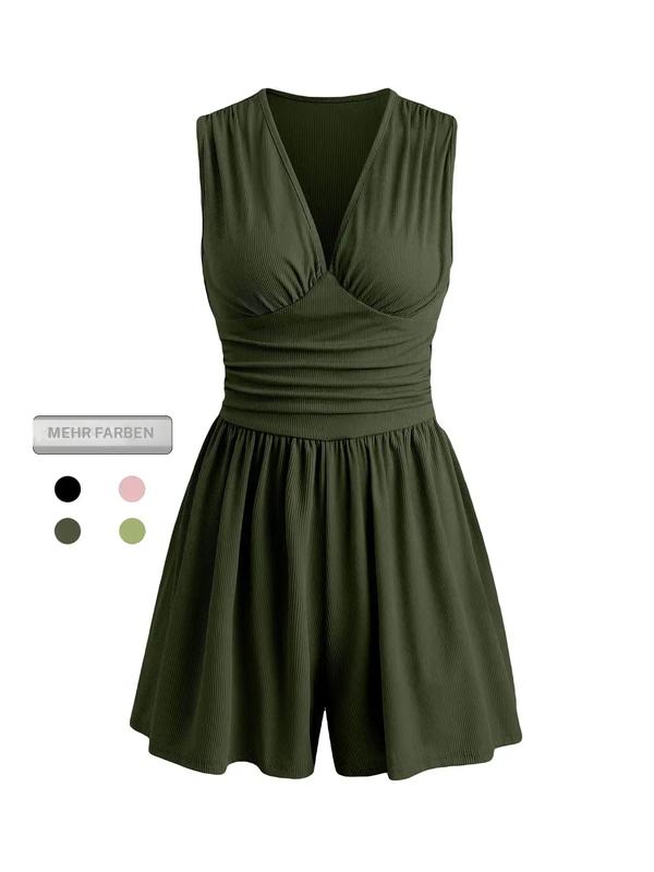 Damen Romper Deep V Neck – Figurbetonter Jumpsuit mit Raffungen & tiefem V-Ausschnitt, Ärmelloser Sommer Playsuit für Party, Urlaub & Alltag, Eleganter Damen Einteiler