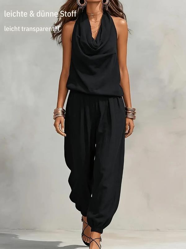 Damen-Set mit Neckholder und hoch taillierten breiten Hosen, locker, ärmellos und atmungsaktiv – lässige Sommermode, zweiteilig
