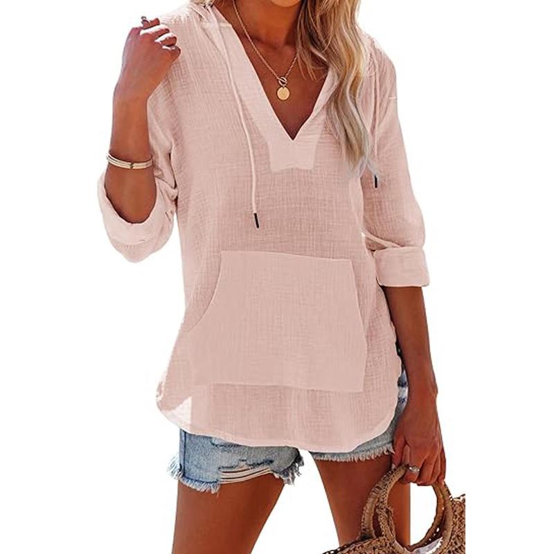 Damen Strand-Cover-Up Kapuzenpullover Langarm V-Ausschnitt mit Taschen