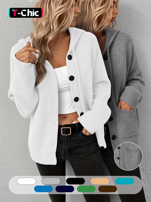 Damen Strickjacke mit Kapuze und Knopfleiste vorn, mit Tasche, schlichte einfarbige Langarmbluse, lässiger Strickstoff mit lockerem Schnitt für den Alltag, Jacke für Frühling & Herbst