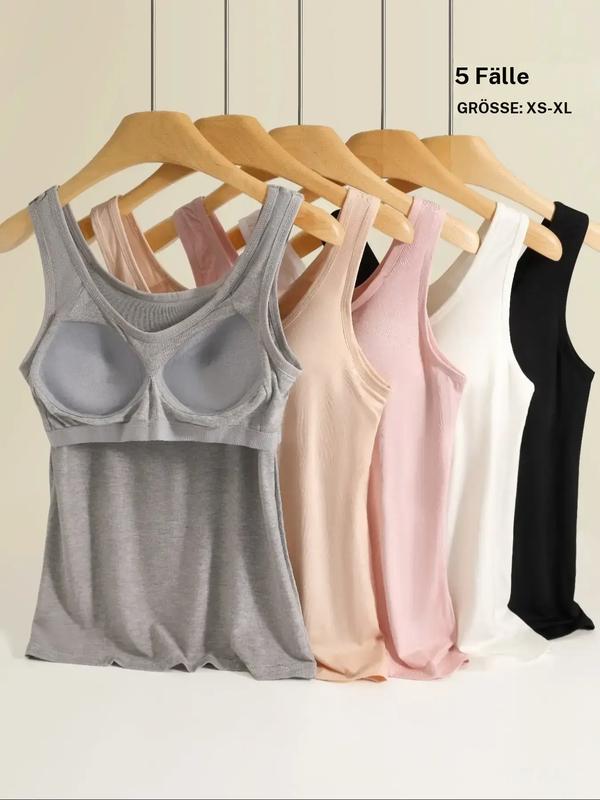 Damen-Tanktop mit Polsterung in Uni-Farbe, bequemes und atmungsaktives Tanktop für den Alltag, 2-in-1-BH-Top, weiches Trägertop, leichtes, dehnbares Material, XS–XL, 1er-/3er-/5er-Pack