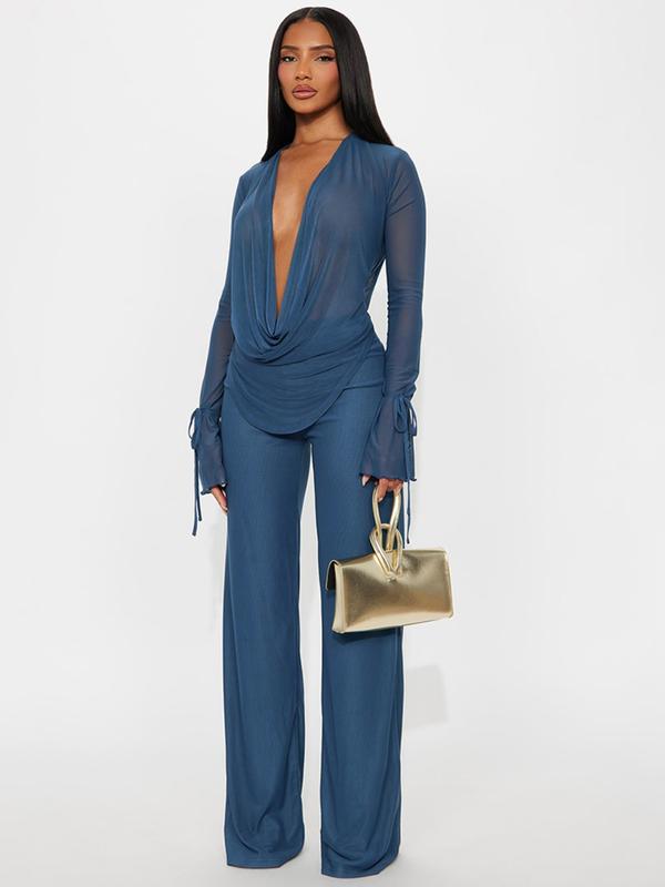 Damenmode lässiges zweiteiliges Set: Netzoberteil mit tiefem V und weit geschnittene Hose, trendiges Armbindesign, perfekt für den Alltag