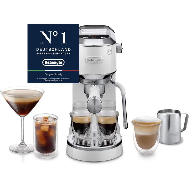 De'Longhi Dedica Duo - Perfetto Kompakte Siebträgermaschine Espressomaschine mit Soft-Touch-Icons, manuellem Milchaufschäumer für Espresso, Cappuccino und Cold Brew, 15cm breit