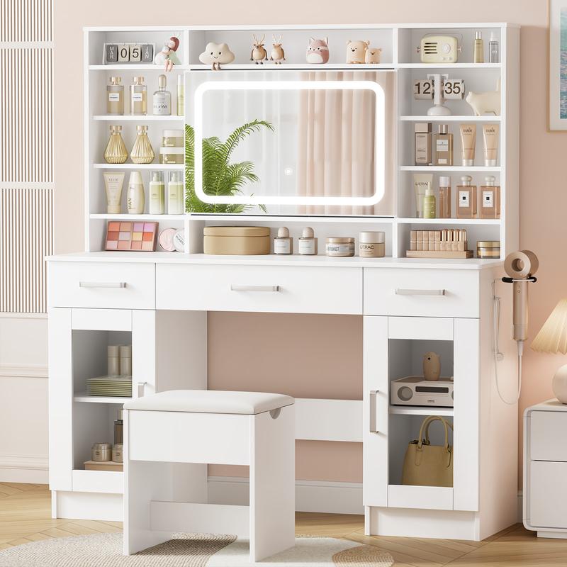 (Der Versand erfolgt in zwei Paketen.)Vanity Desk with Mirror and Lights, 43'' White Makeup Dressing Table Set with 5 Drawers & Chair, Power Outlet, 3 Lighting Modes Adjustable Brightness & RGB LED for Women Girls Bedroom Bathroom