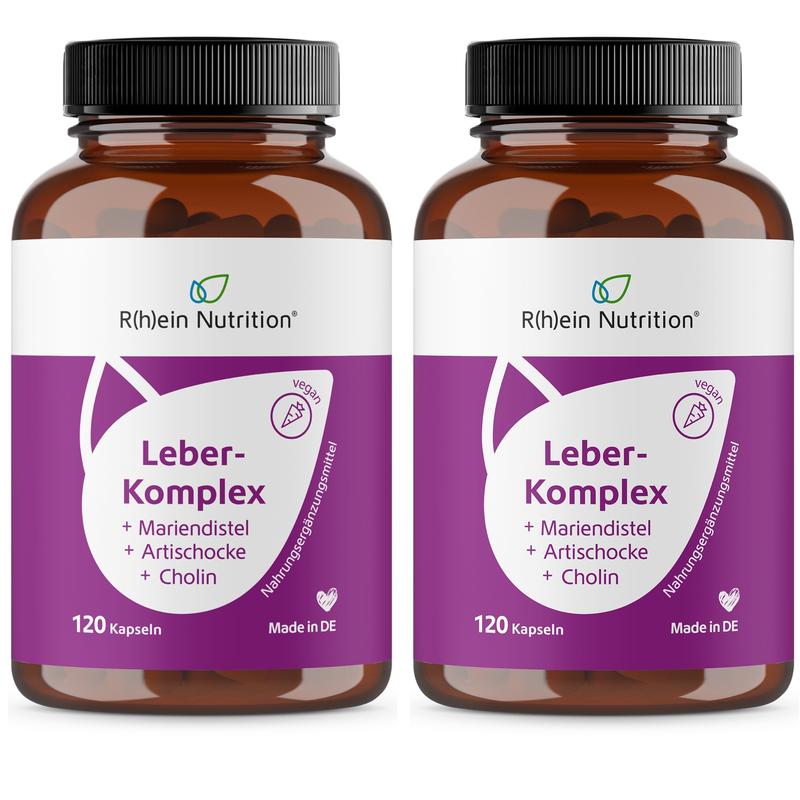 DOPPELPACK - Gut für Deine Leber: LEBER-KOMPLEX hochdosiert & vegan mit Bitterstoffen & Vitaminen, z . B. Mariendistel + Artischocke + Cholin für die Leberfunktion I 2x 120 Kapseln = 4 Monate I R(h)ein Nutrition