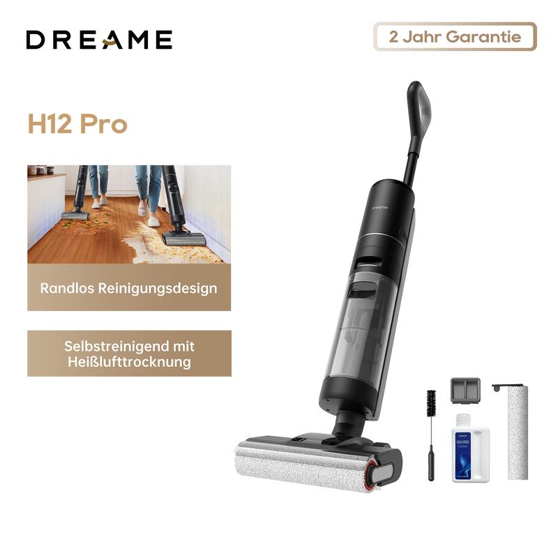 Dreame H12 Pro Kabelloser Nass-/Trockensauger, Selbstreinigungsfunktion, Schmutzerkennung, LED-Anzeige, Laufzeit 35 Minuten, 900 ml Wassertank, für Hartböden, Tierhaare, Schwarz