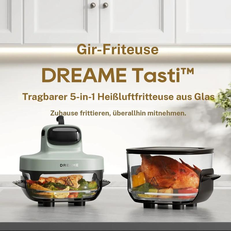 DREAME Tasti tragbarer 5 in 1 Glas Heißluftfritteuse, 2 Behälter (2,5 L + 4,5 L), 6 mm dickes Borosilikatglas, 3D zirkulierende Heißluft, spülmaschinengeeignet, 360° Sicht, abnehmbares Design
