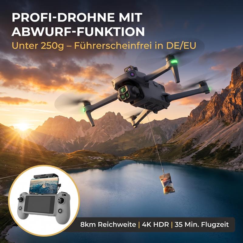 Drohne 4K Cinematic, Langstrecke 8KM, 35Min Akku, Touchscreen Fernsteuerung, Digitale Bildübertragung, Unter 250g Keine Anmeldung