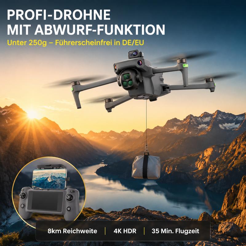Drohne für Luftaufnahmen, Integrierte Abwurffunktion, Fernsteuerung mit Touchscreen, Reichweite 8000m, 4K kinematografisch, 35Min Akkulaufzeit, Laser-Antikollision, GPS-Rückkehr, Unter 250g Keine Anmeldung