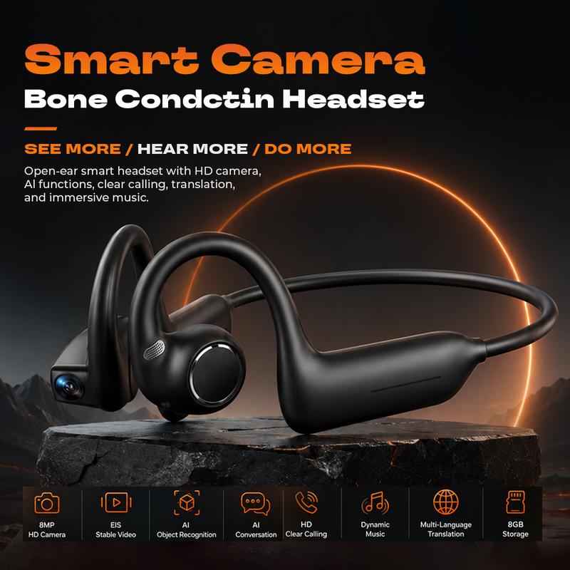 E12 Bone Conduction Bluetooth Headphones With 8MP EIS Stabilized Camera, 160+ Languages Instant Translation, Touch & Button Control, IP54 Waterproof Wearable Headset For Outdoor Cycling Vlog Recording Sports & Daily Communication