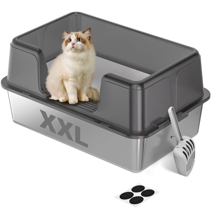 Edelstahl Katzentoilette XXL 60x40x31,5 cm, halb offen, hoher Rand, Katzenklo für große Katzen mit Streuschaufel & Anti-Rutsch-Aufklebern