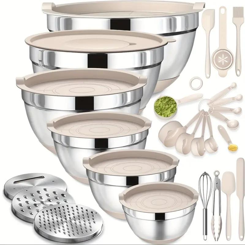 Edelstahl-Mischschüssel-Set 26-teilig mit Siegeldeckel & Schäler-Aufsatz Rutschfester Boden 5QT-1.5QT für Mischen & Servieren BPA-frei Spülmaschinenfest für Küchenbedarf