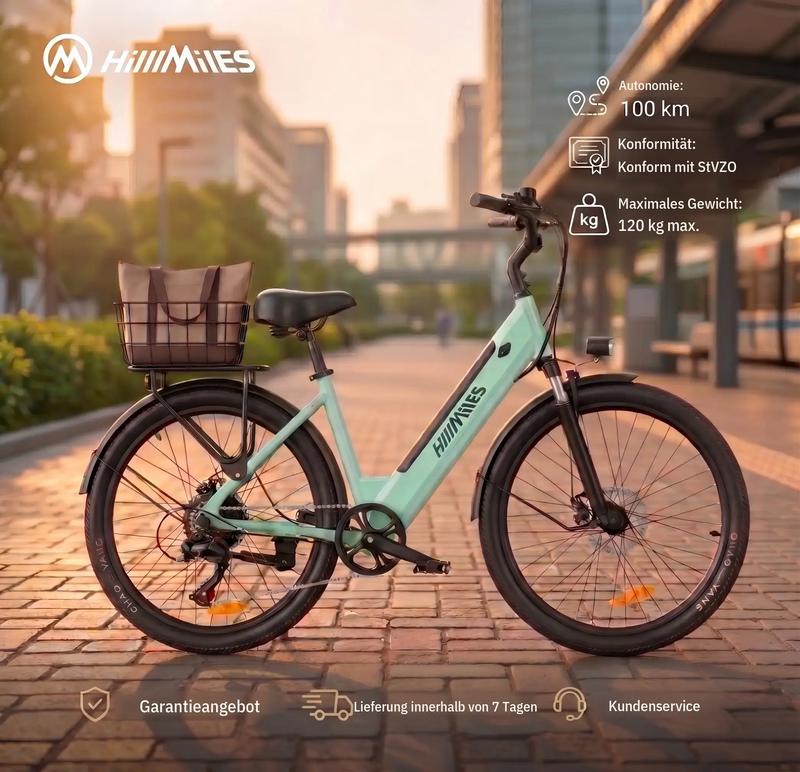 Elektrisches Fahrrad für Erwachsene HillMiles MileCity1 26", elektrisches Fahrrad mit 7 Gängen, abnehmbarem Akku (36 V, 13 Ah), Geschwindigkeit von 25 km/h, Reichweite von 80–100 km für Stadtpendler, Rückspanner, wasserdicht nach IP65