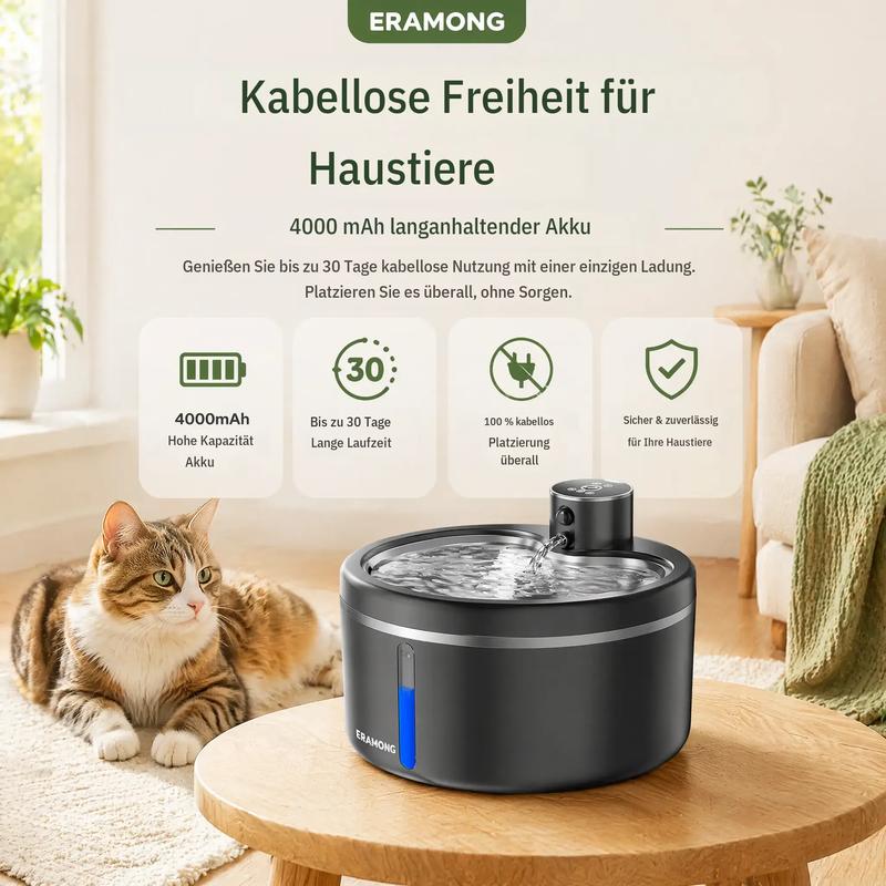 ERAMONG W03A intelligenter kabelloser dynamischer Wasserausgießer für Katzen, ultraschall, 2,5 l / 84,54 oz, automatischer Wasserbehälter für Haustiere mit vierlagigem Filtersystem, ultraleiser Wasserpumpe und doppelte Stromversorgung, für Katzen und Hund