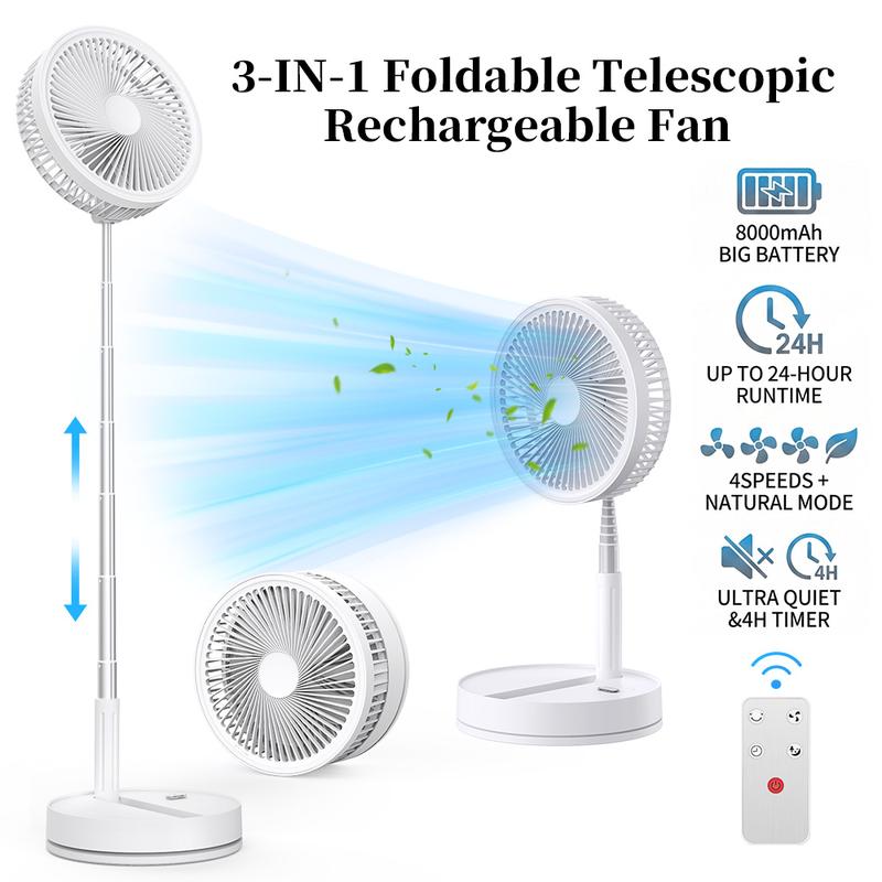 EU 8000 mAh faltbarer, ausziehbarer Ventilator, Haushaltsgerät mit Fernbedienung, 4 Geschwindigkeitsstufen & Timerfunktion, manuelle Neigung um 180° (auf/ab), leiser tragbarer Stehventilator für Innen- und Außenbereich, Camping und Büro (Schwarz & Weiß)