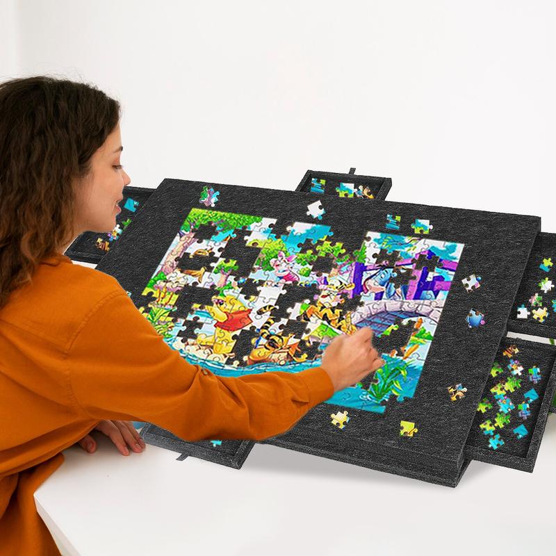 Filz-Puzzleaufbewahrung mit 6 Schubladen für Erwachsene und Kinder, tragbarer Puzzletisch für 1000 Teile – Dunkelgrau, Größe: 77 x 53,6 x 4,2 cm
