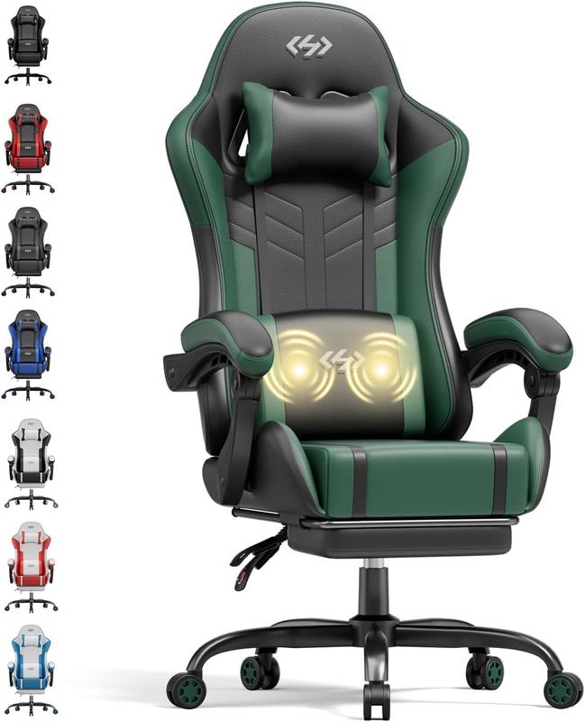 Gaming Stuhl mit Massagefunktion, Ergonomischer Gamer Stuhl, Racing Gaming Sessel mit Fußstütze, Kopfstütze und Massage Lendenkissen, Gepolstert PC Stuhl, 150 kg Belastbarkeit, Schwarz Grün