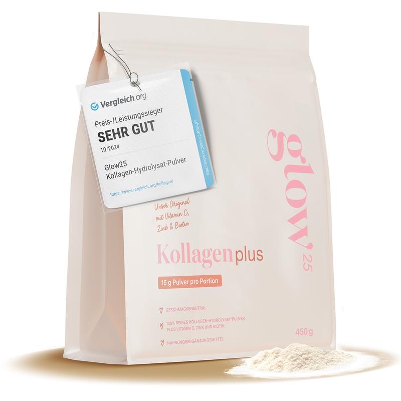 Glow25 Collagen Plus [450g] – Kollagen Hydrolysat mit Vitamin C, Zink und Biotin – Peptide Typ 1 und 3 – Gute Löslichkeit