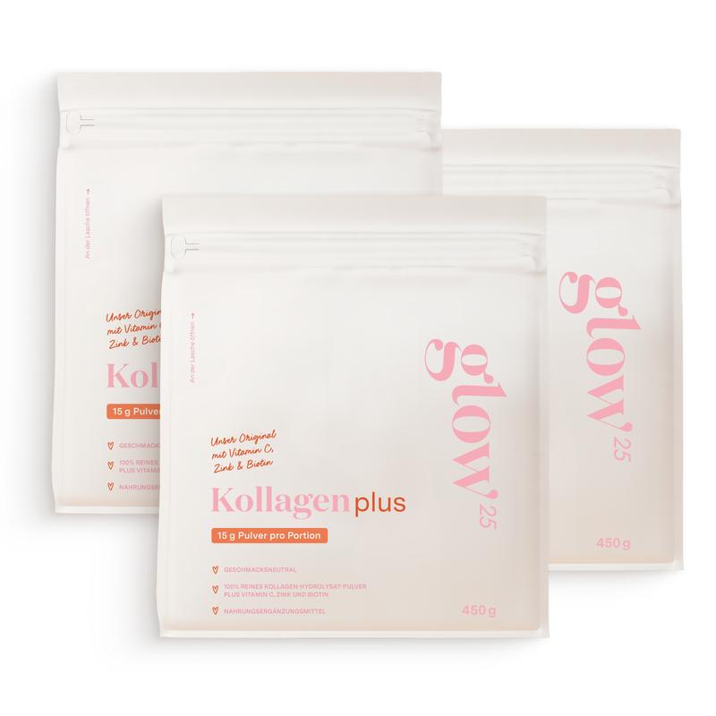 Glow25 Collagen Plus [450g x3] – Kollagen Hydrolysat mit Vitamin C, Zink und Biotin – Peptide Typ 1 und 3 – Gute Löslichkeit