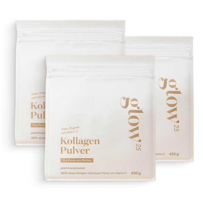 Glow25 Collagen Pulver [450g x3] – Unser Original – Kollagen Hydrolysat mit Vitamin C – Peptide Typ 1 und 3 – Gute Löslichkeit – Neutral