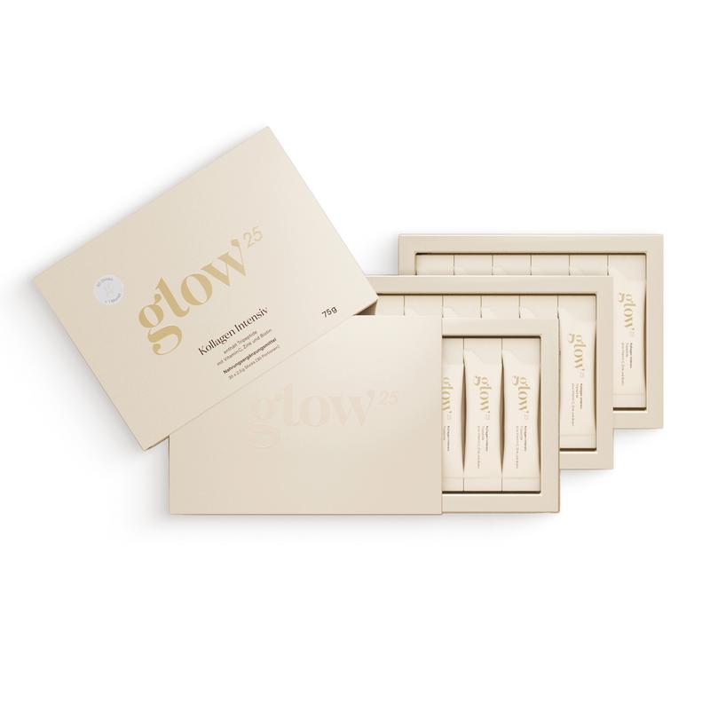 Glow25 Kollagen Intensiv [30 Sticks x3] – mit Tripeptiden, Vitamin C, Zink und Biotin – Premium Collagen Hydrolysat – Peptide Typ 1 und 3 – Gute Löslichkeit