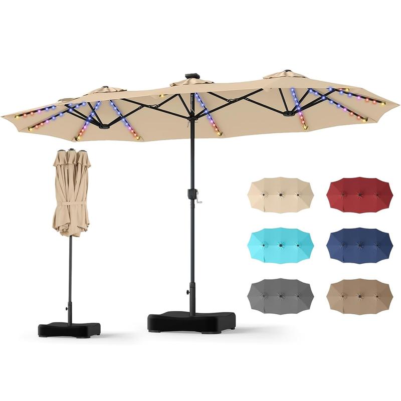 GOPLUS Doppelsonnenschirm 375x200cm, Doppel Sonnenschirm mit LED-Solar-Beleuchtung, 12 Beleuchtungsmodi, 2 Lademöglichkeiten, Gartenschirm mit Kurbel, Terrassenschirm, Marktschirm