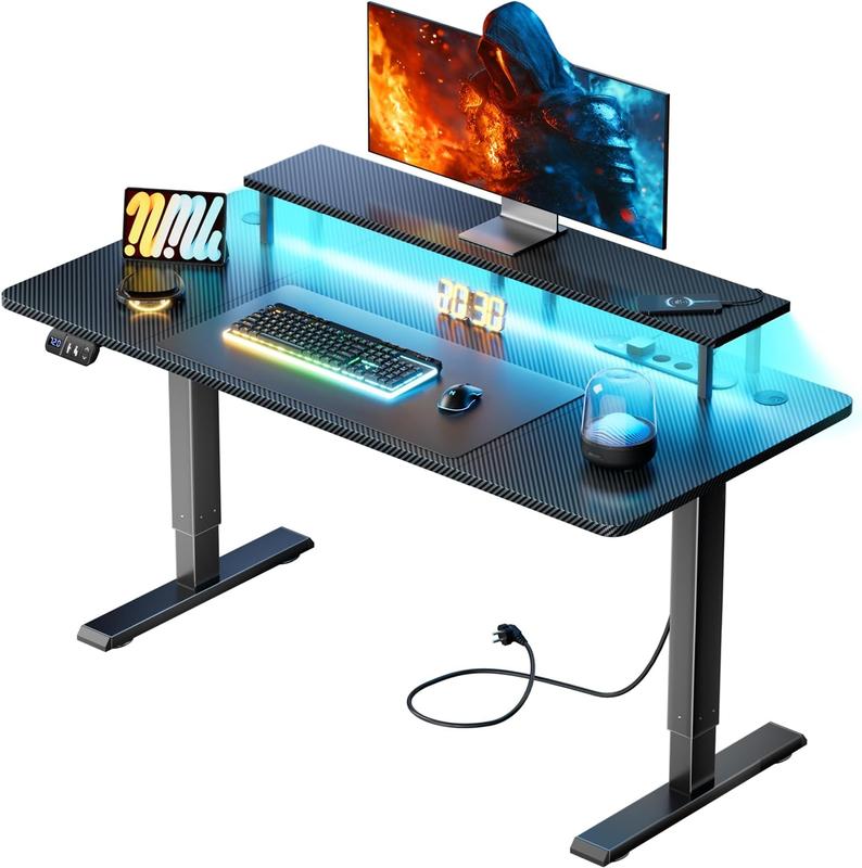 Höhenverstellbarer Schreibtisch mit LED, 120 x 60 cm Gaming Tisch Höhenverstellbar mit 3 Steckdosen & 2 USB, Elektrischer Schreibtisch mit Monitorständer & Funktions Memory, Schwarz