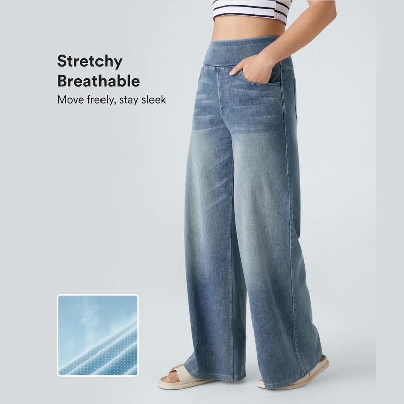 Halara Flex™ Baggy Jeans aus verwaschenem Stretch-Strick mit hohem Bund, mehreren Taschen und weitem Bein, Wide Leg Jeans