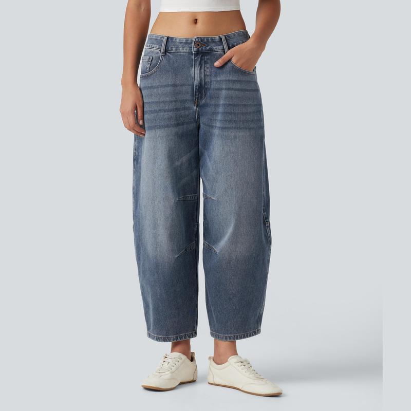 Halara Flex™ Barrel-Leg-Jeans aus elastischem Strick-Denim mit niedrigem Bund, Knopf, Reißverschluss und mehreren Taschen