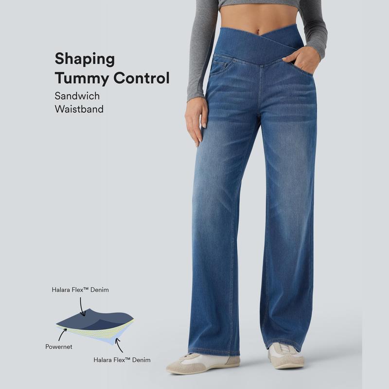 Halara Flex™ - Lässige Jeans mit hohem Crossover-Bund, Seitentaschen, Bauchkontrolle und geradem Bein