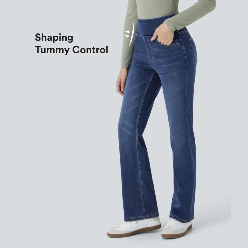 Halara Flex™ Verwaschene Bootcut-Jeans aus elastischem Strick-Denim mit hohem Bund und mehrere Taschen