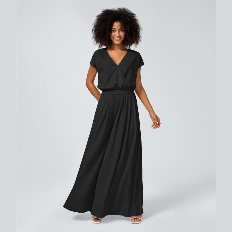 Halara Jumpsuit mit V-Ausschnitt, kurzen Ärmeln, plissierten Seitentaschen und weitem Bein, fließendem Waffelmuster