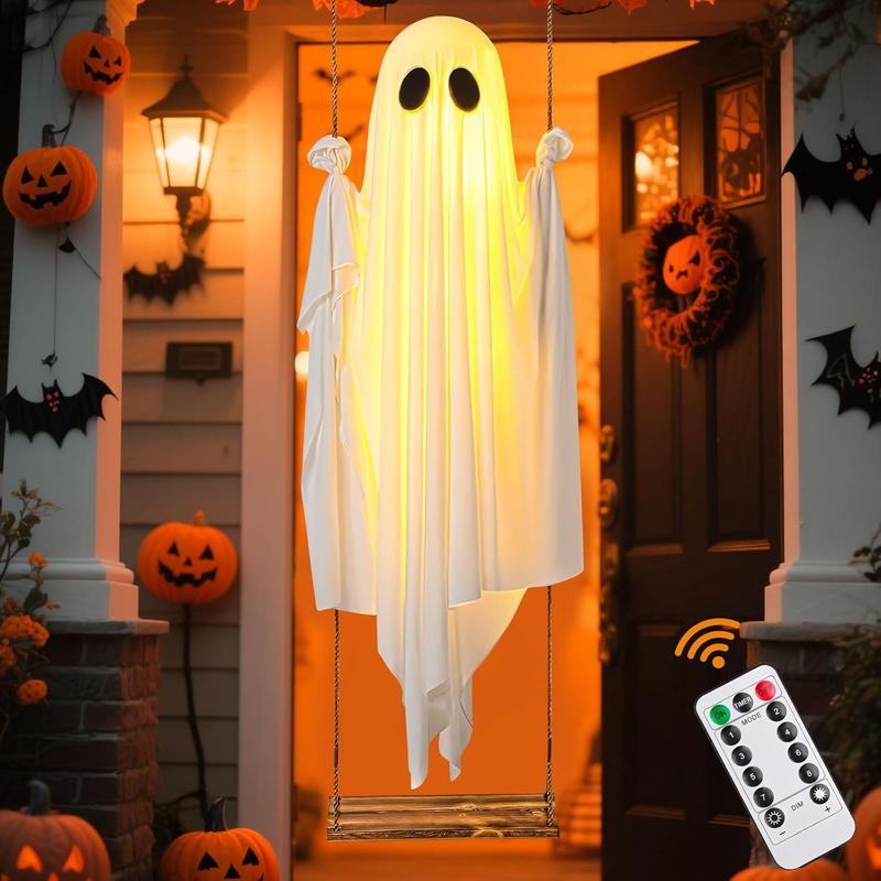 Halloween Decorative Ghost, Halloween Hanging Ghost Swing with Light and Timer Remote Control, Luminous Ghost with Wooden Swing, LED Ghost for Halloween Decoration, Indoor, Outdoor, Garden, Front Yard Party