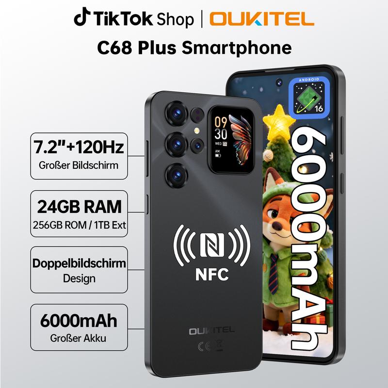 Handy 2026 – OUKITEL C68 Plus, Android 16, intelligente Rückseite mit Display von 1,81", 24 (8+16) GB + 256 GB/1 TB, octa‑core Smartphone, 7,2″ HD+, 120 Hz, Akku mit 6000 mAh, 64 MP + 8 MP, Dual‑SIM, 4G/GPS/NFC/Fingerabdrucksensor/Gesichtserkennung.
