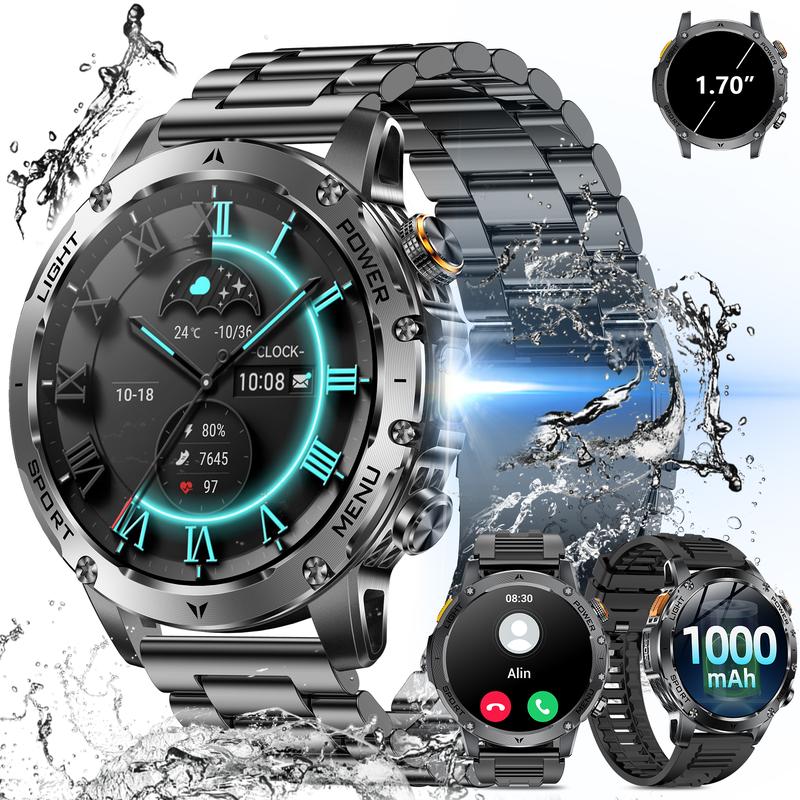 Herren Smartwatch im Militärstil mit 1100‑mAh‑Akku, 1,7‑Zoll‑AMOLED‑Display, LED‑Taschenlampe, IP68 wasserdicht, Fitnessuhr mit Telefonfunktion, über 110 Sportmodi, Herzfrequenz /Schlafüberwachung, kompatibel mit iOS und Android (2 Armbänder)