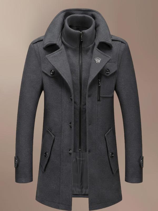 Herrenmode langer Mantel mit Doppelkragen aus gemischten Fasern, Reißverschluss und Taschen, warm und strapazierfähig, geeignet für geschäftliche oder lässige Anlässe im Herbst/Winter