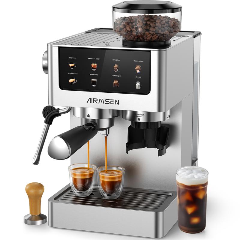 Hochwertige Espressomaschine mit Mahlwerk, 1350 W, mit farbigem Touchscreen, Milchaufschäumer mit Dampflanze, Kaltpress-Espresso, anpassbare Kaffeevolumen-Applikation, von der Bohne bis zur Tasse, für den Haushalt, professionelles Braten bei 20 bar