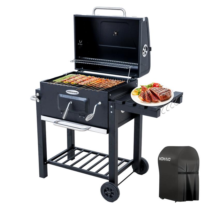 HOMAVO Holzkohlegrill mit Deckel, Grillfläche: 56×42.5 cm, Höhenverstellbare Kohlenwanne, Faltbarer Seitentisch, Mit Grillabdeckungen Wasserfest