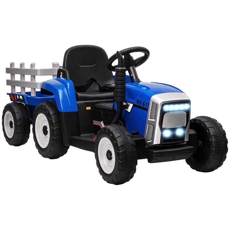 HOMCOM Elektrischer Traktor mit Anhänger, Kinder Aufsitztraktor mit Fernbedienung, Kinder Elektroauto mit MP3 Funktion, Kinderfahrzeug mit Scheinwerfer, 3-6KM/H, für 3-6 Jahre
