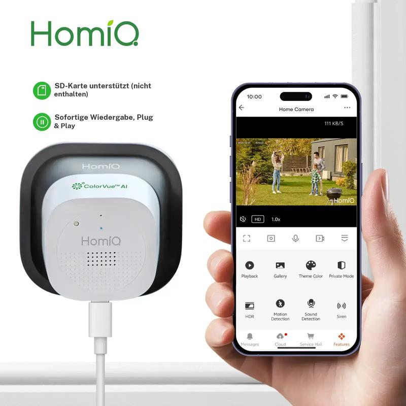 HomiQ AI magnetische 2K 3MP Fensterkamera, Dualband WLAN 2,4 GHz/5 GHz, Vollfarb Nachtsicht, Bewegungserkennung für Personen mit Alarmfunktion, 24/7 Daueraufnahme, magnetische Schnellmontage, unterstützt SD Karte und Cloud Speicher